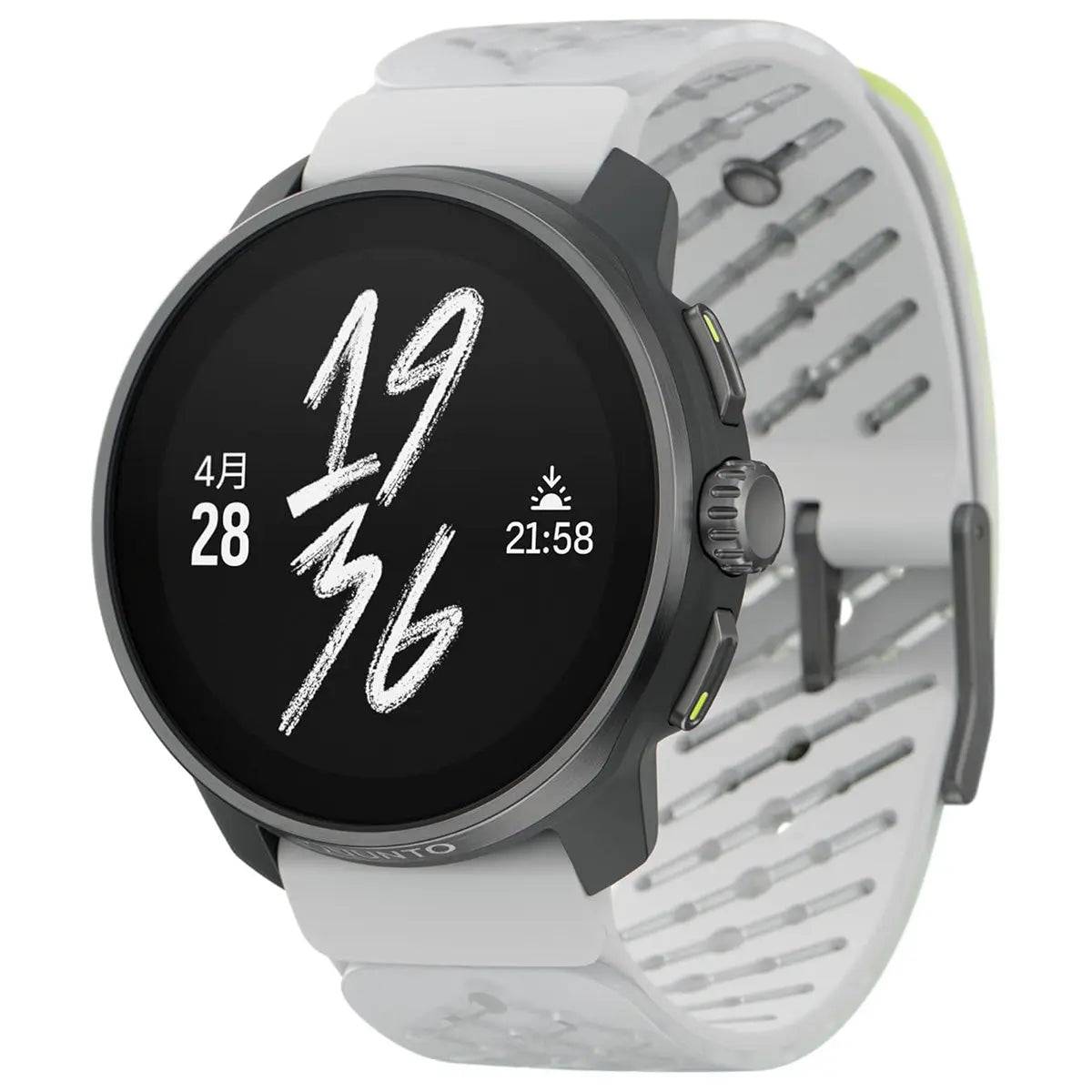 Suunto Race S Titanium GPS Smartwatch with a sleek black dial and durable titanium bezel, featuring a perforated white silicone strap for comfort