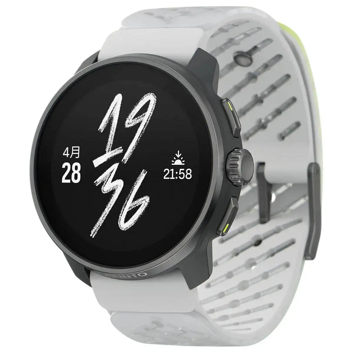 Suunto Race S Titanium GPS Smartwatch with a sleek black dial and durable titanium bezel, featuring a perforated white silicone strap for comfort Canary from John Bull Clothing