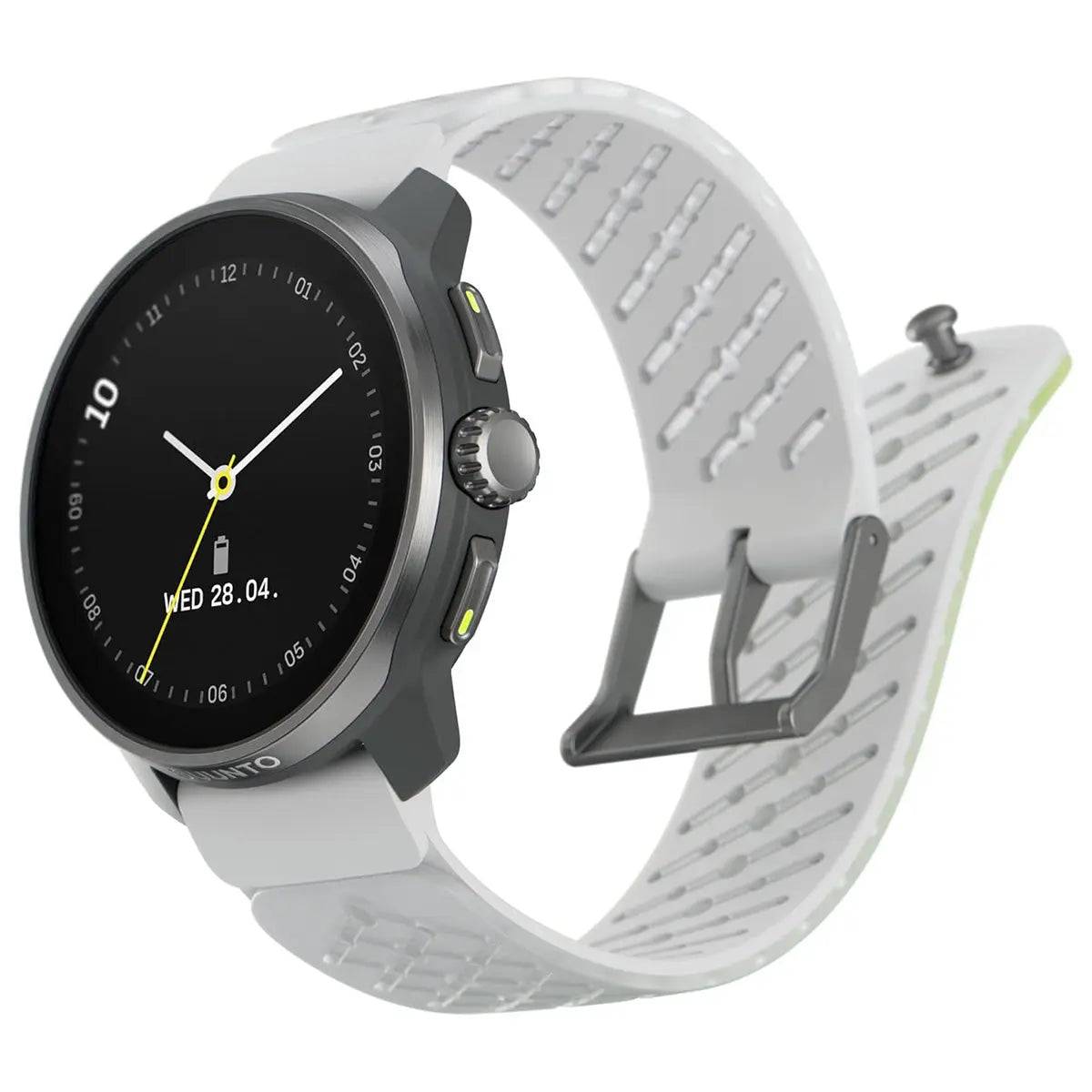 Suunto Race S Titanium GPS Smartwatch with an elegant analog-style watch face, titanium bezel, and a breathable white silicone strap with green accents