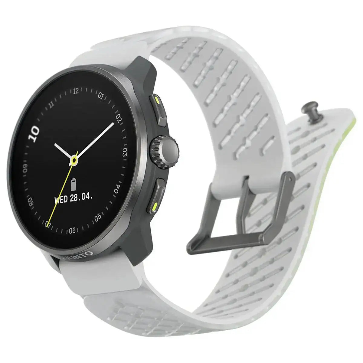 Suunto Race S Titanium GPS Smartwatch with an elegant analog-style watch face, titanium bezel, and a breathable white silicone strap with green accents from John Bull Clothing