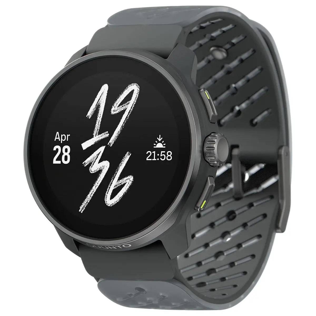 Suunto Race S Titanium GPS Smartwatch in an all-black design, showcasing a rugged titanium bezel and perforated silicone strap for enhanced breathability