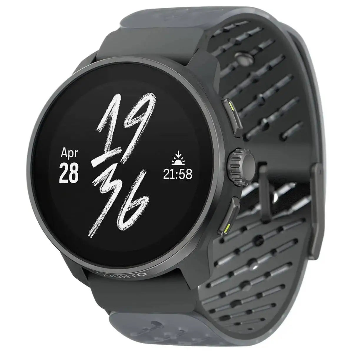 Suunto Race S Titanium GPS Smartwatch in an all-black design, showcasing a rugged titanium bezel and perforated silicone strap for enhanced breathability Graphite from John Bull Clothing