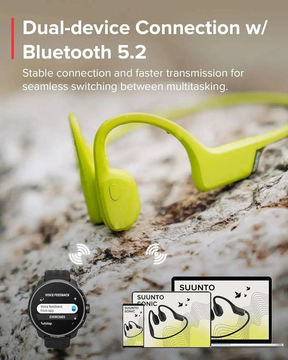 Suunto Sonic Open Ear Bone Headphones with Bluetooth 5.2 dual-device connection, ensuring seamless switching between devices for multitasking. from John Bull Clothing