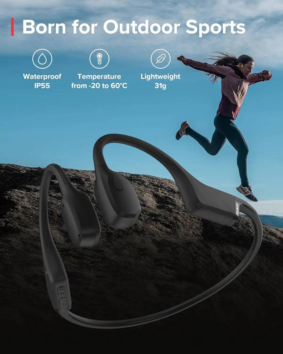 Suunto Sonic Open Ear Bone Headphones designed for outdoor sports, featuring IP55 waterproof rating and lightweight construction.