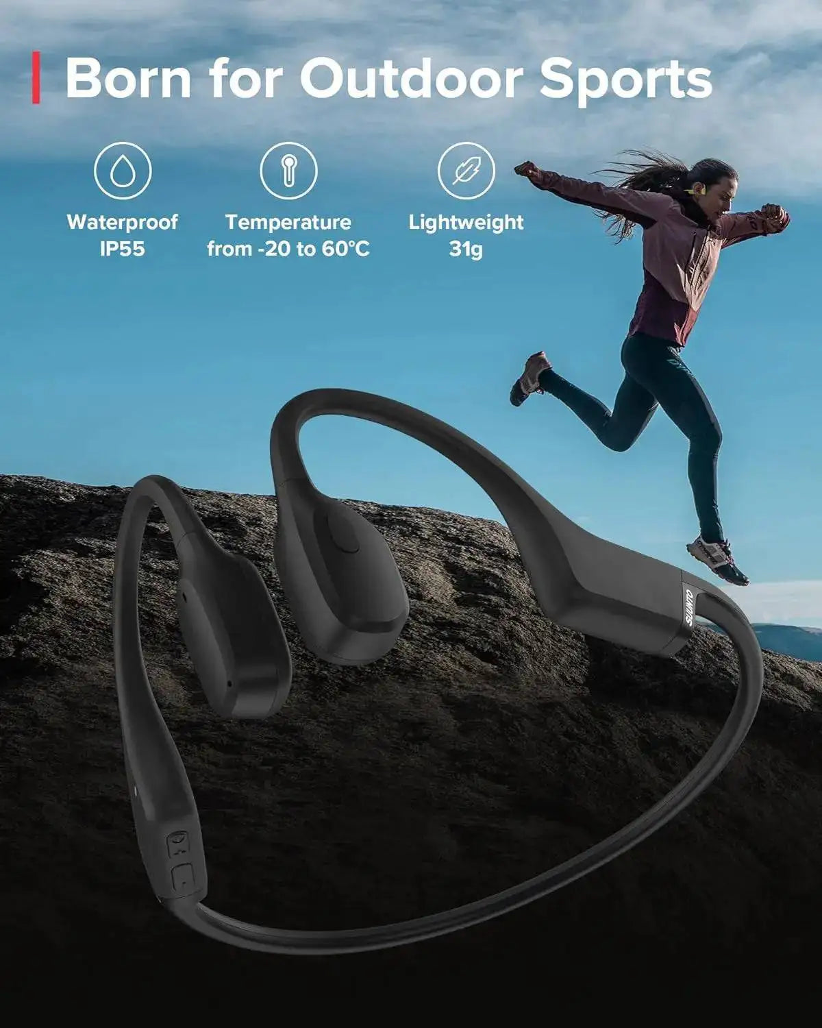 Suunto Sonic Open Ear Bone Headphones designed for outdoor sports, featuring IP55 waterproof rating and lightweight construction. from John Bull Clothing