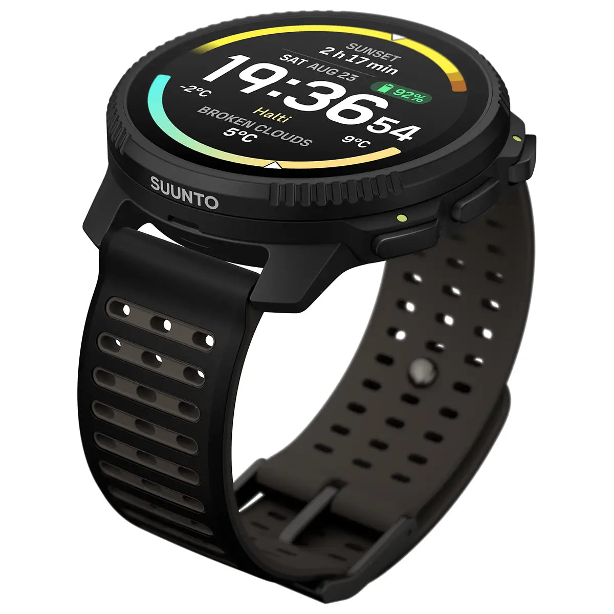 Angled view of Suunto Vertical 2 GPS Fitness Watch in black, showing breathable strap and robust design for active lifestyles.