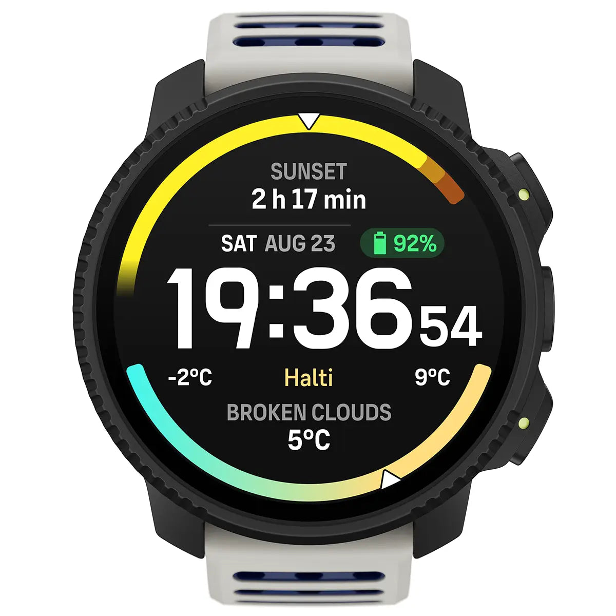 Suunto Vertical 2 GPS Fitness Watch in white and blue strap, featuring weather updates and sunset timer for outdoor performance.