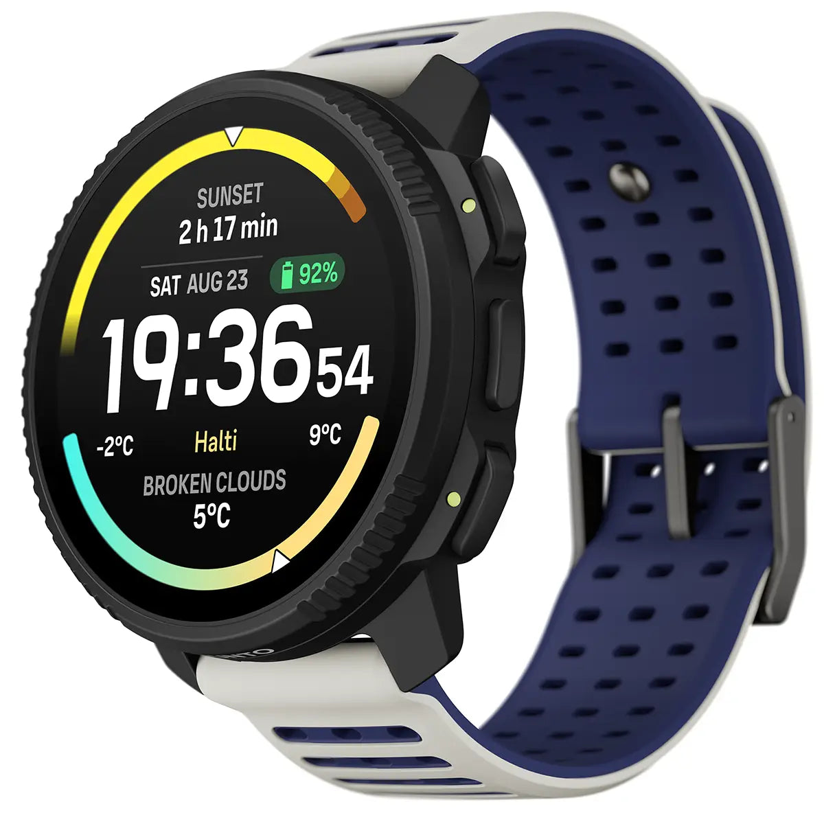 Suunto Vertical 2 GPS Fitness Watch in white and blue, angled to display breathable strap and full-color outdoor display.