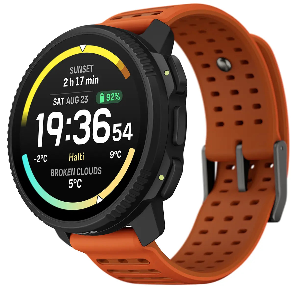 Suunto Vertical 2 GPS Fitness Watch with orange strap, angled view showing rugged build and outdoor-ready interface.