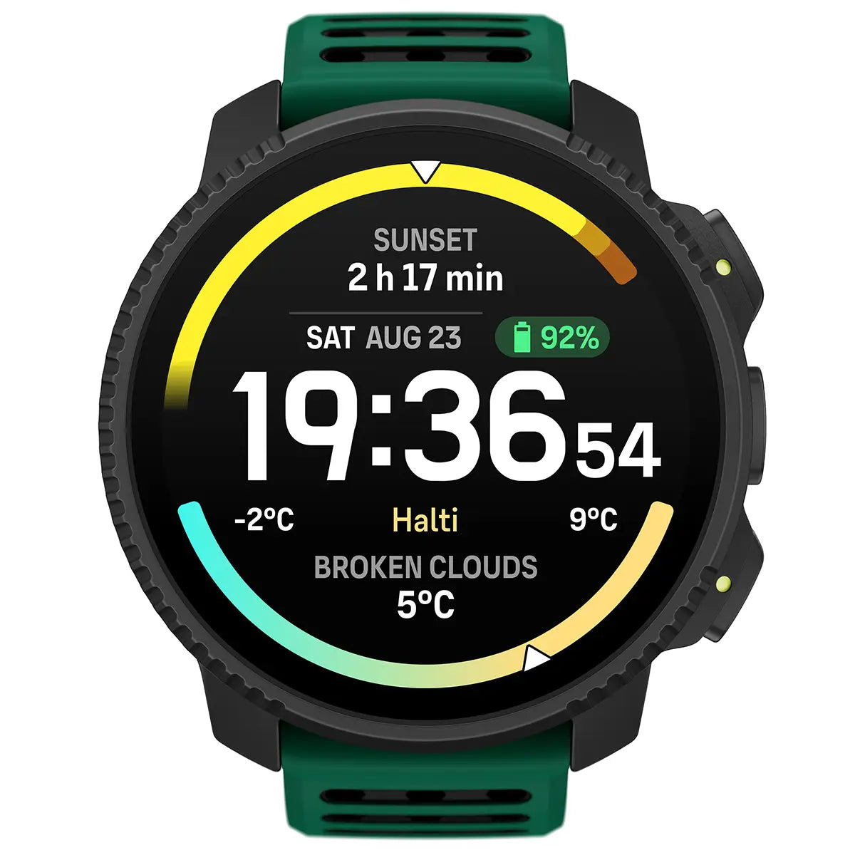 Green-strapped Suunto Vertical 2 GPS Fitness Watch with full-color display, built for rugged terrain and extreme weather conditions.