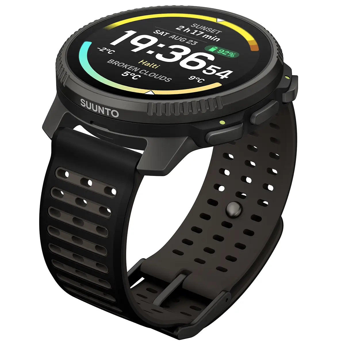 Angled view of Suunto Vertical 2 Titanium GPS Training Watch in black, highlighting breathable strap and durable titanium bezel for high-performance workouts.