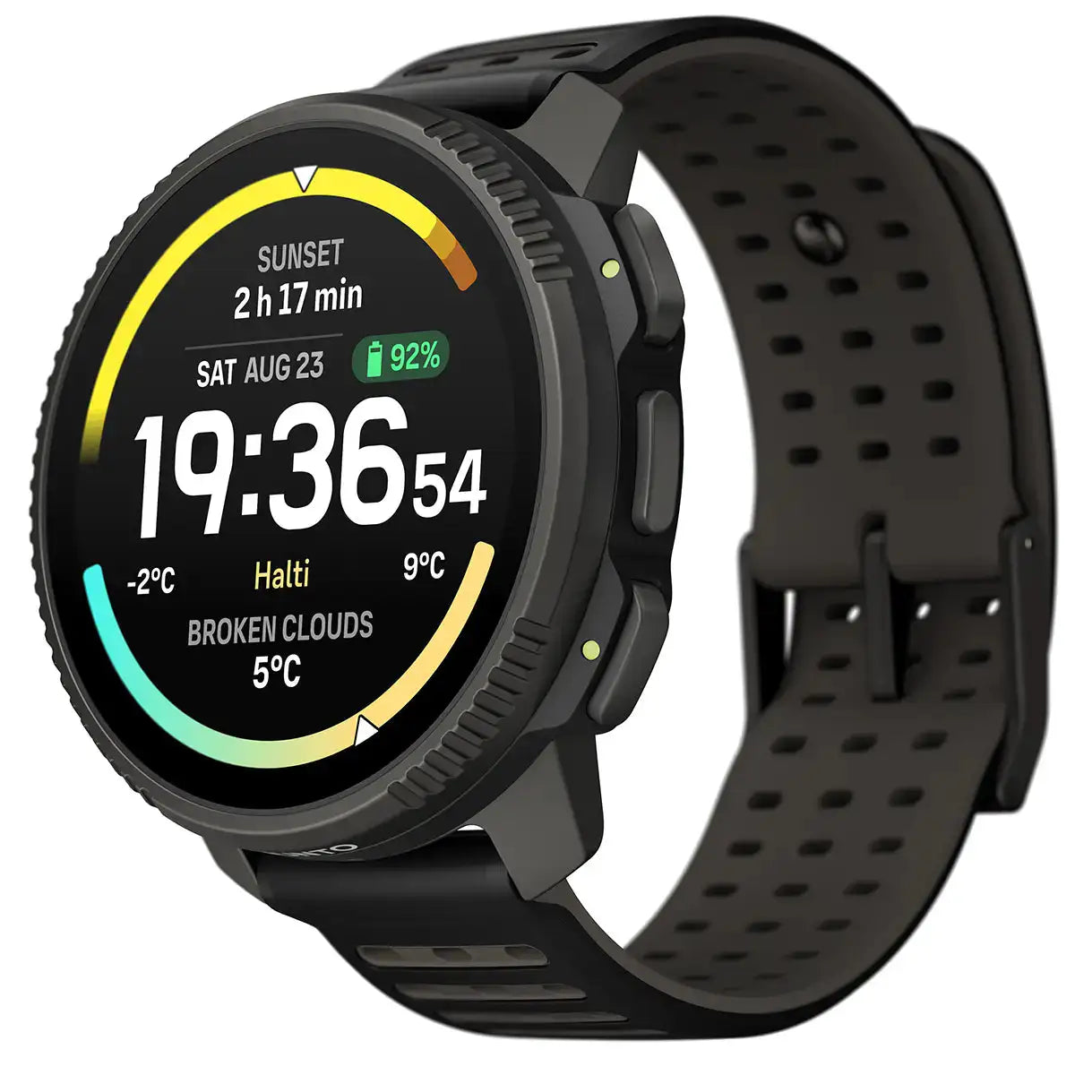 Suunto Vertical 2 Titanium GPS Training Watch in black featuring a vibrant AMOLED screen and rugged design for advanced training and navigation. from John Bull Clothing