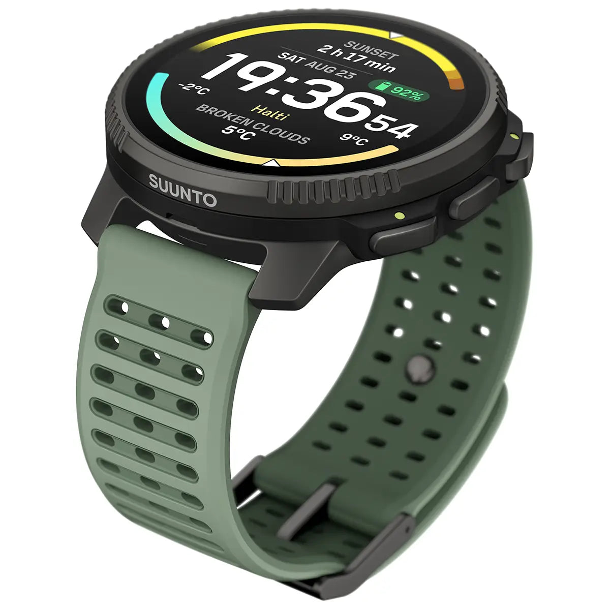 Suunto Vertical 2 Titanium GPS Training Watch in green with ergonomic strap and high-contrast display, built for endurance and outdoor adventure.
