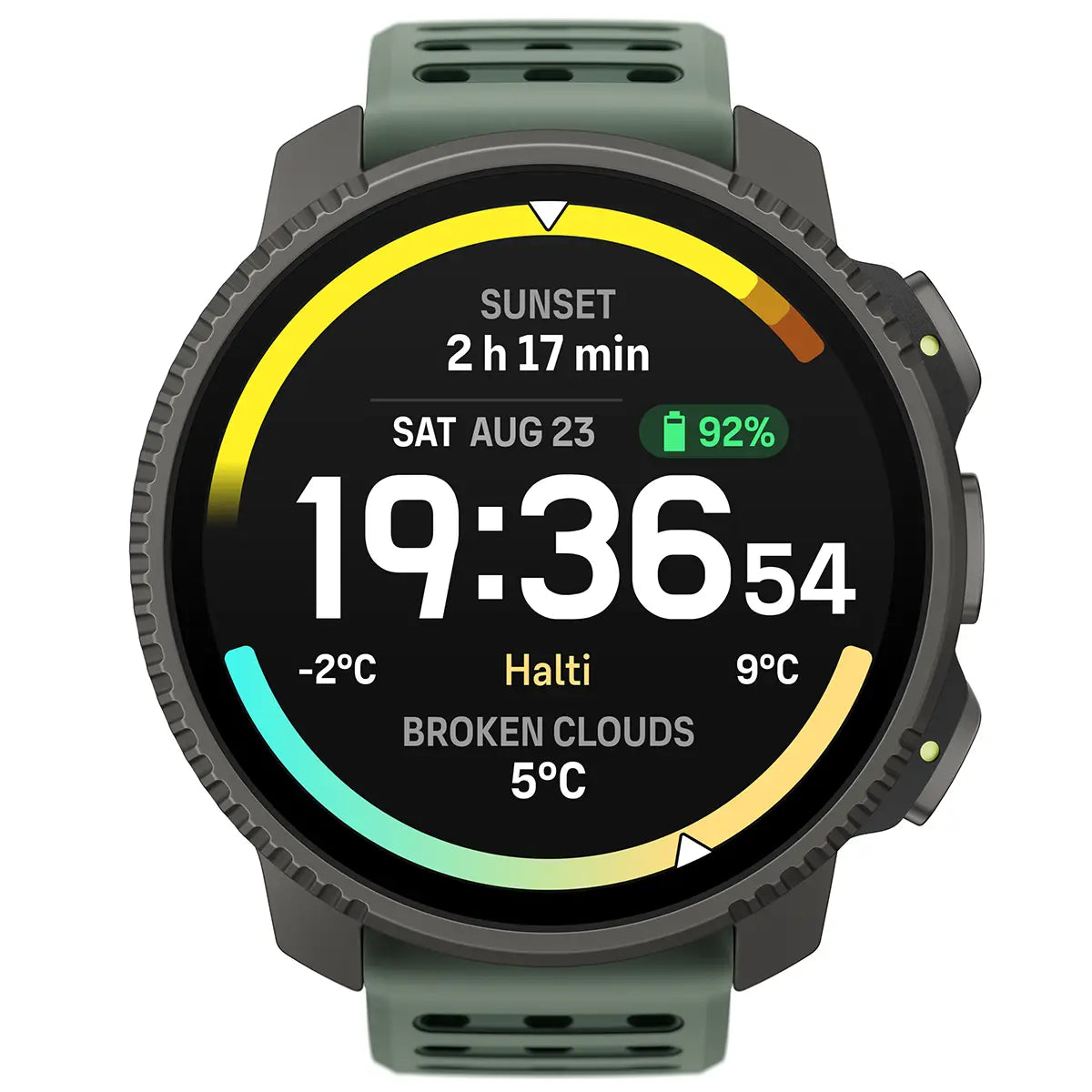 Suunto Vertical 2 Titanium GPS Training Watch in green, front-facing view showcasing AMOLED screen with weather and time data for fitness tracking.