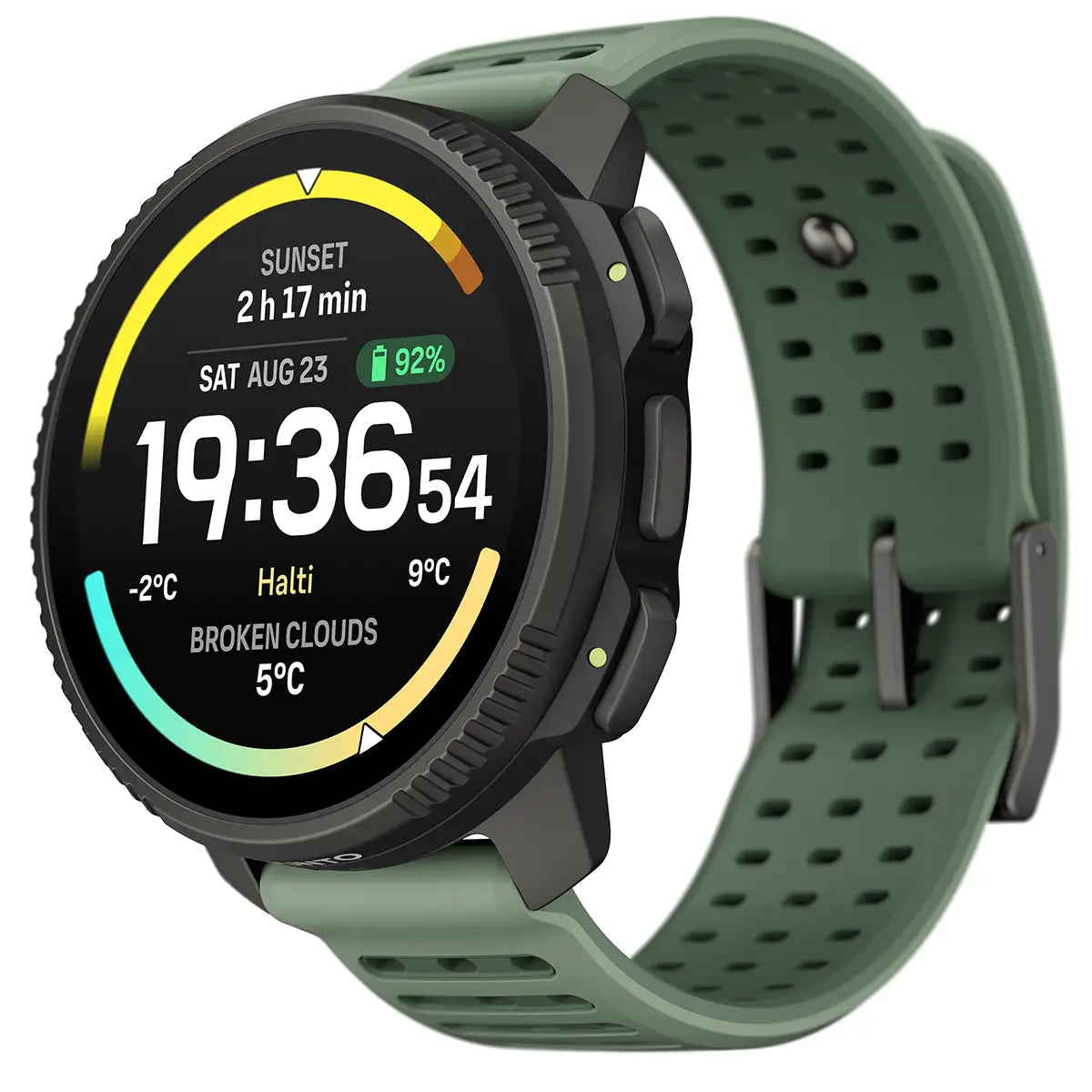 Suunto Vertical 2 Titanium GPS Training Watch in green with 1.5-inch AMOLED display showing time, weather, and sunset data. Ideal for outdoor fitness tracking.