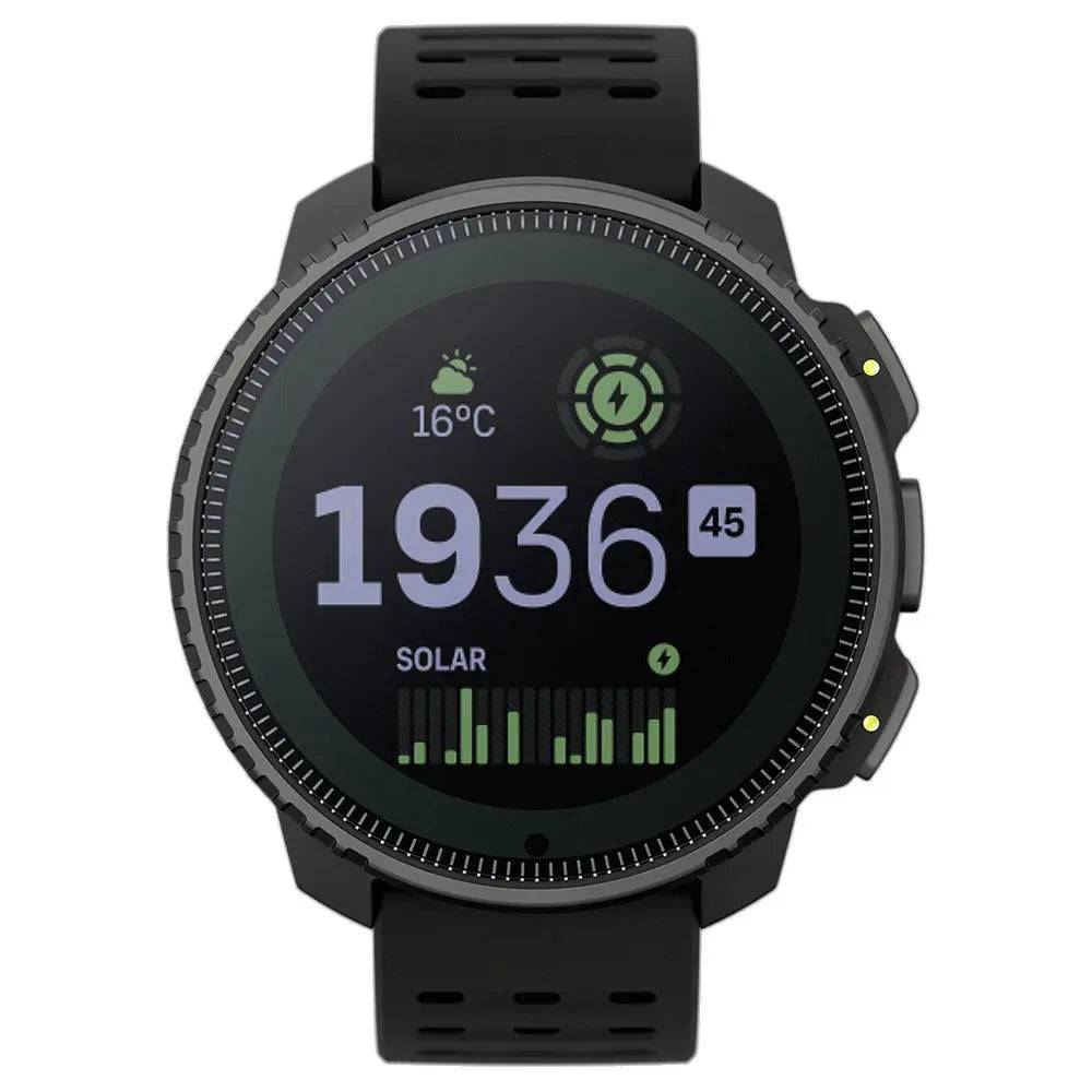 Front view of the Suunto Vertical Solar GPS Smartwatch displaying time, temperature, and solar charging status on a high-contrast screen.