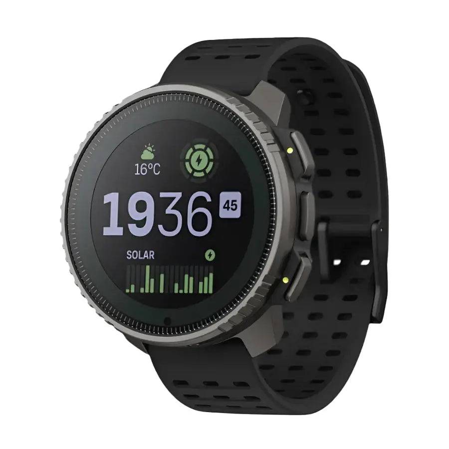 Suunto Vertical Solar GPS Smartwatch in black with a durable steel bezel and perforated silicone strap, ideal for athletes and explorers.
