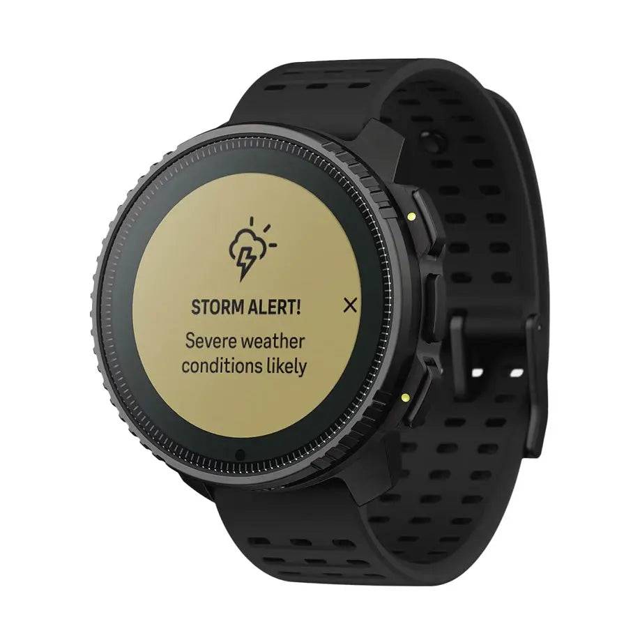 Suunto Vertical Solar GPS Smartwatch displaying a storm alert notification, ensuring safety for outdoor enthusiasts in extreme conditions.