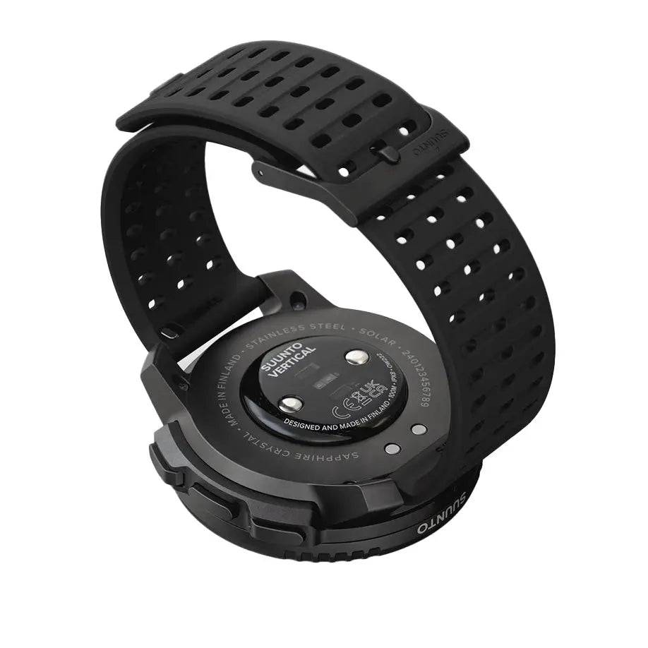 Back view of the Suunto Vertical Solar GPS Smartwatch highlighting its stainless steel case, solar charging capability, and durable strap.