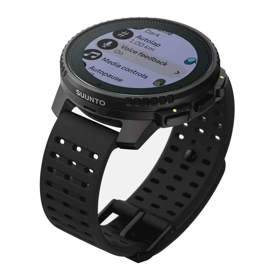 Angled view of the Suunto Vertical Solar GPS Smartwatch showcasing its rugged design, touchscreen interface, and smart navigation features.