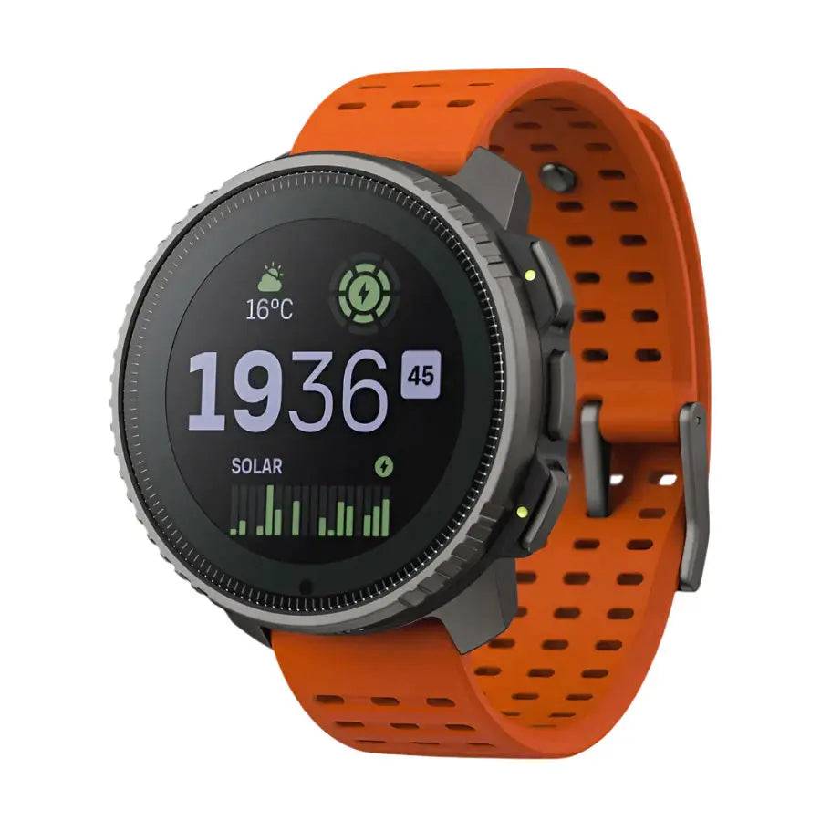 Suunto Vertical Solar GPS Smartwatch with an orange perforated silicone strap and rugged steel bezel, designed for outdoor adventures.