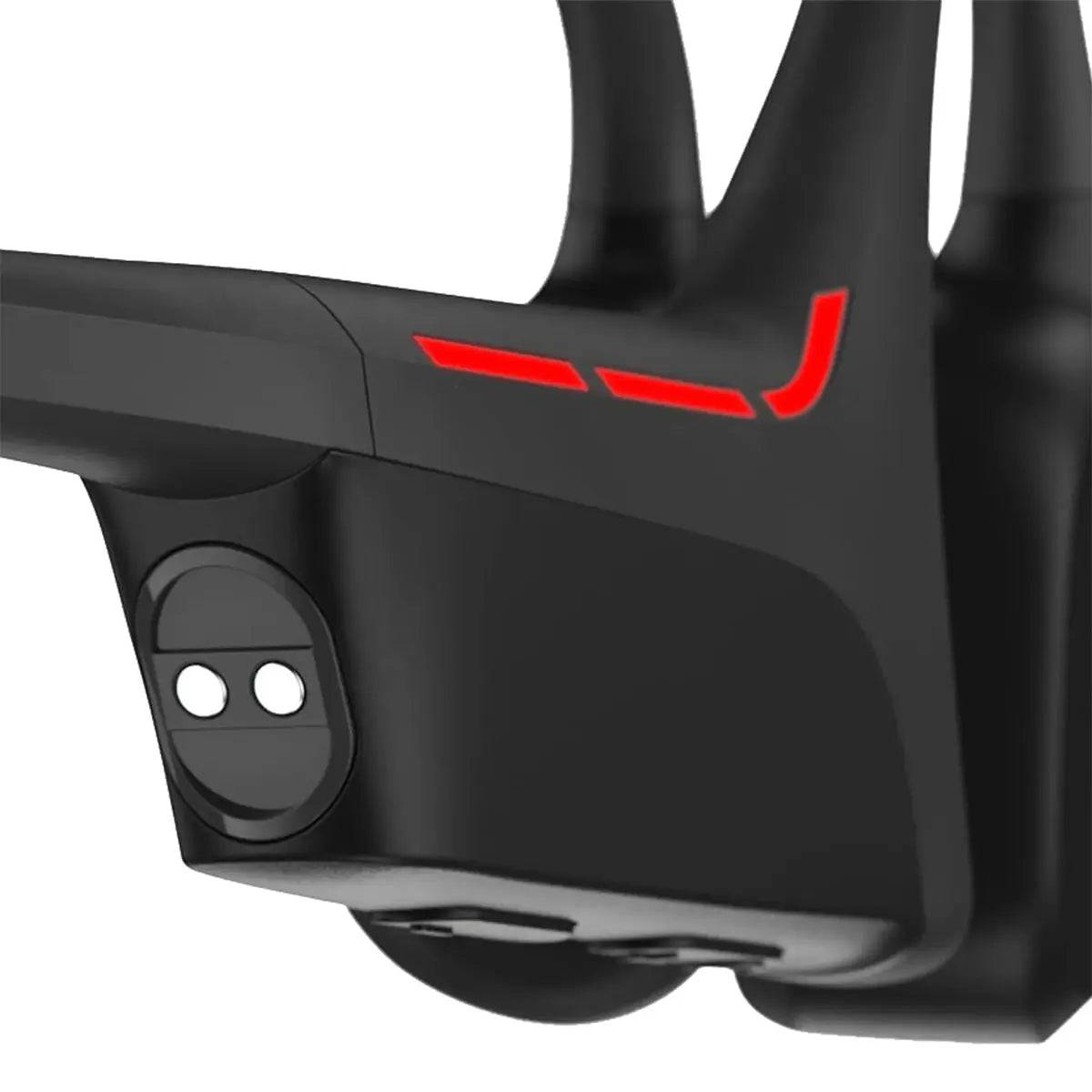 Close-up of Suunto Wing Open Ear Bluetooth Headphones with LED safety lights, enhancing visibility during nighttime activities.