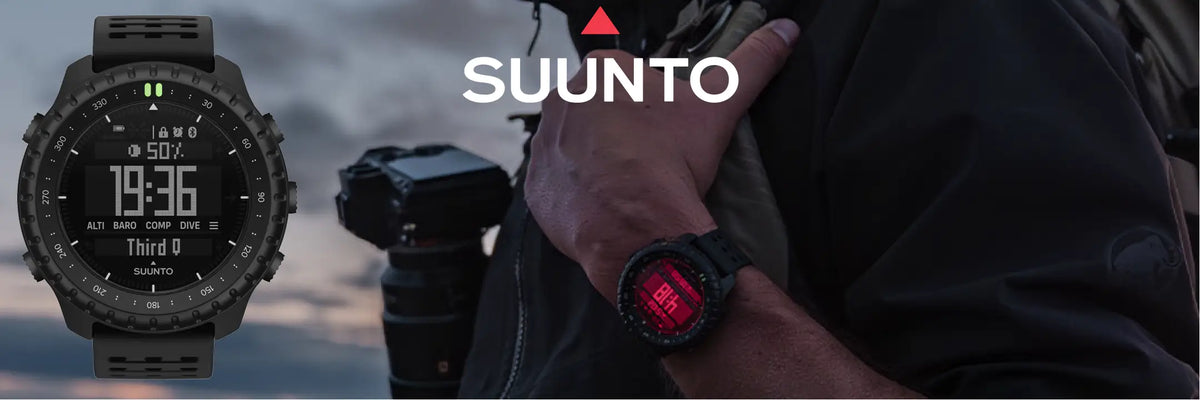 Suunto Core 2 Tactical Watch shown in a promotional composite: a large black watch on the left, a person wearing a red-lit black watch on the right, and the Suunto logo