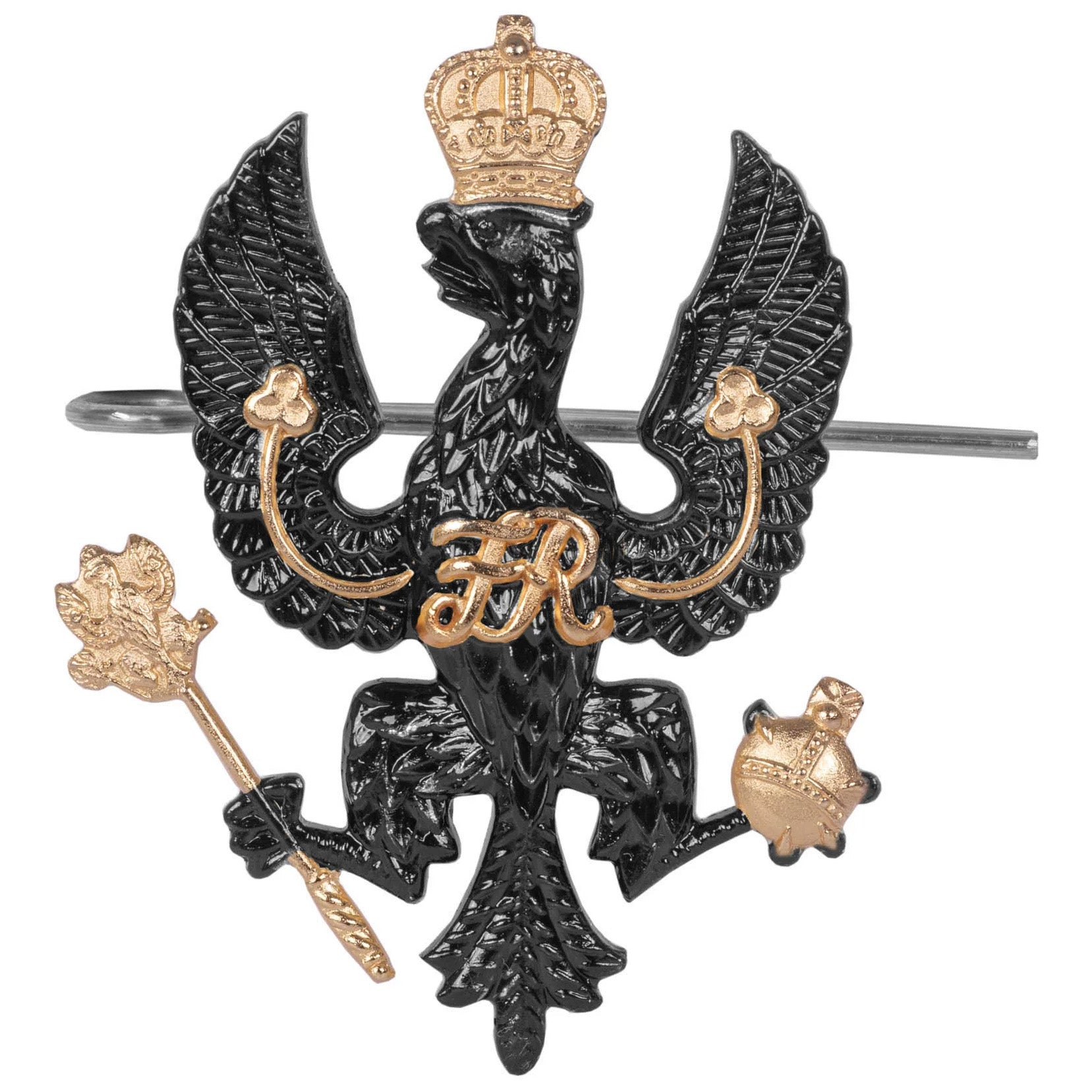 The Kings Royal Hussars Cap Badge (Shank & Pin) in black and brass finish, featuring a Prussian Eagle with crown, orb, and sceptre for military uniforms.