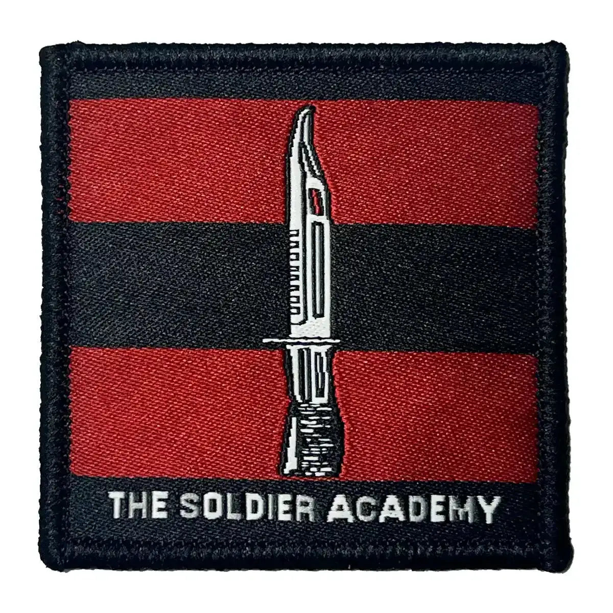 Single The Soldier Academy Hook & Loop TRF Badge with red and black stripes and Infantry Dagger, regulation patch for military uniforms. Single Flash from John Bull Clothing