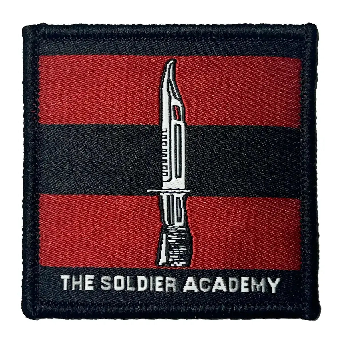 Single The Soldier Academy Hook & Loop TRF Badge with red and black stripes and Infantry Dagger, regulation patch for military uniforms.