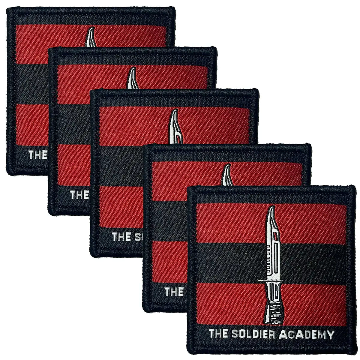 Set of four The Soldier Academy TRF sew or iron on patches with bayonet motif, perfect for military apparel and training team identification.