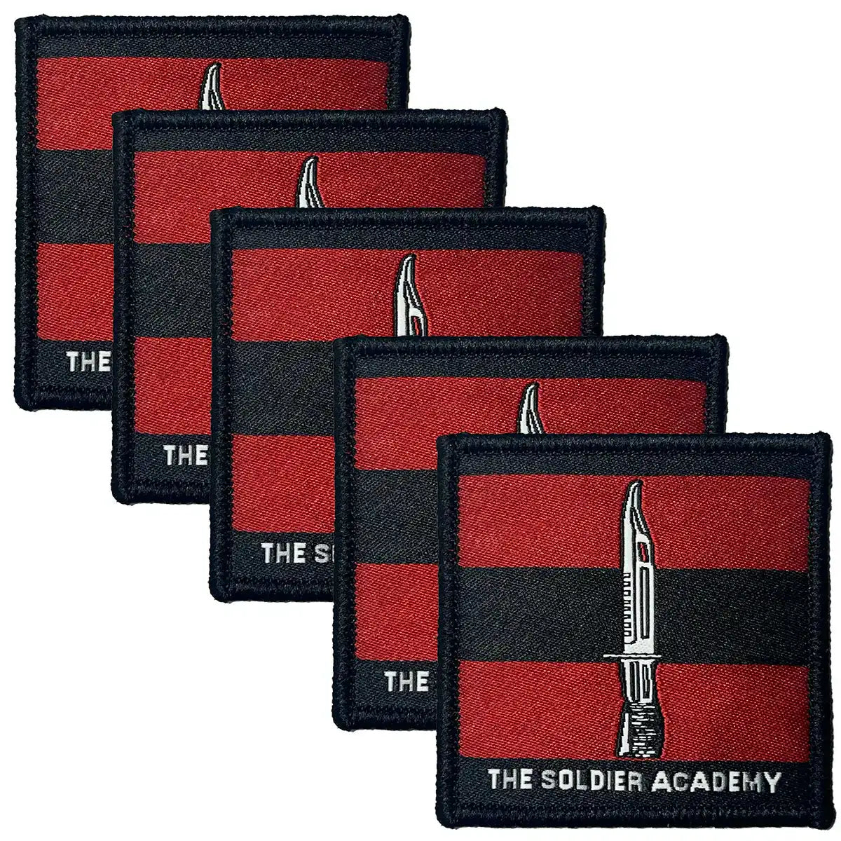 Set of four The Soldier Academy TRF sew or iron on patches with bayonet motif, perfect for military apparel and training team identification. 5 Pack from John Bull Clothing
