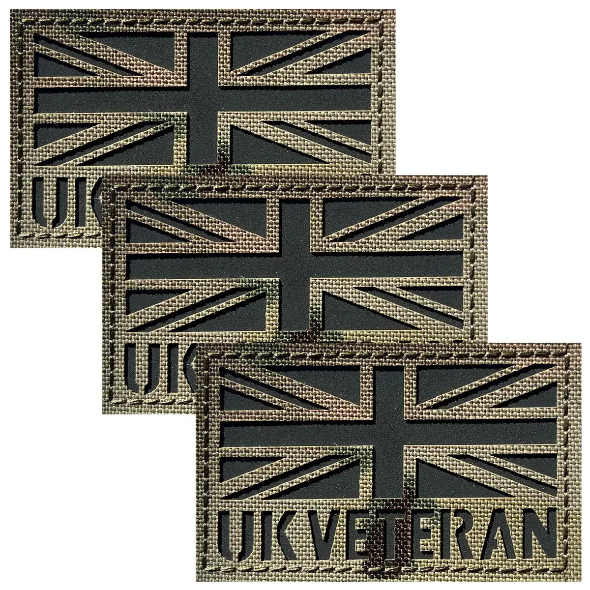 UK Veteran Laser Cut Hook & Loop TRF Multicam patch with Union Jack design and 'UK VETERAN' text, made of durable Velcro material for military uniforms