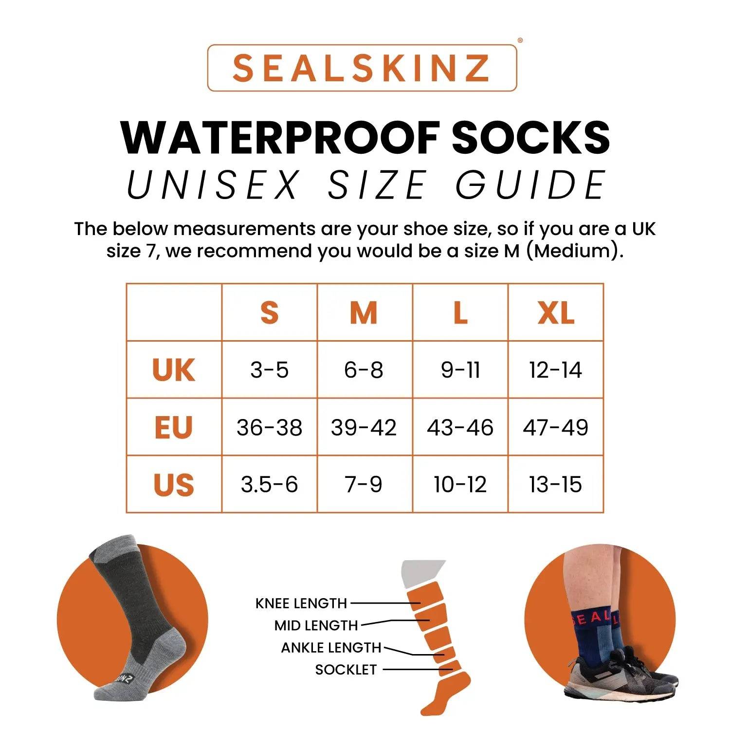 SealSkinz waterproof socks unisex size guide with UK, EU, and US size conversions. Includes sock length options for knee, mid, ankle, and socket styles.