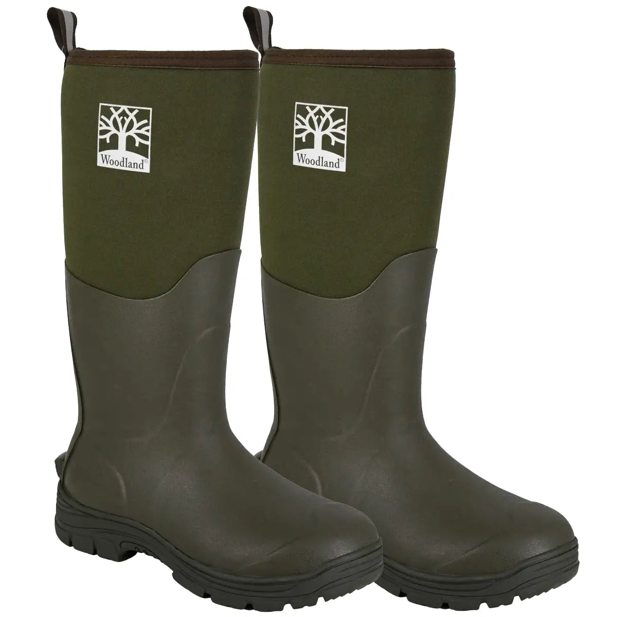 Pair of Woodland Mucker Wellington Boots made of durable rubber and neoprene, designed for unisex outdoor use in tough conditions.