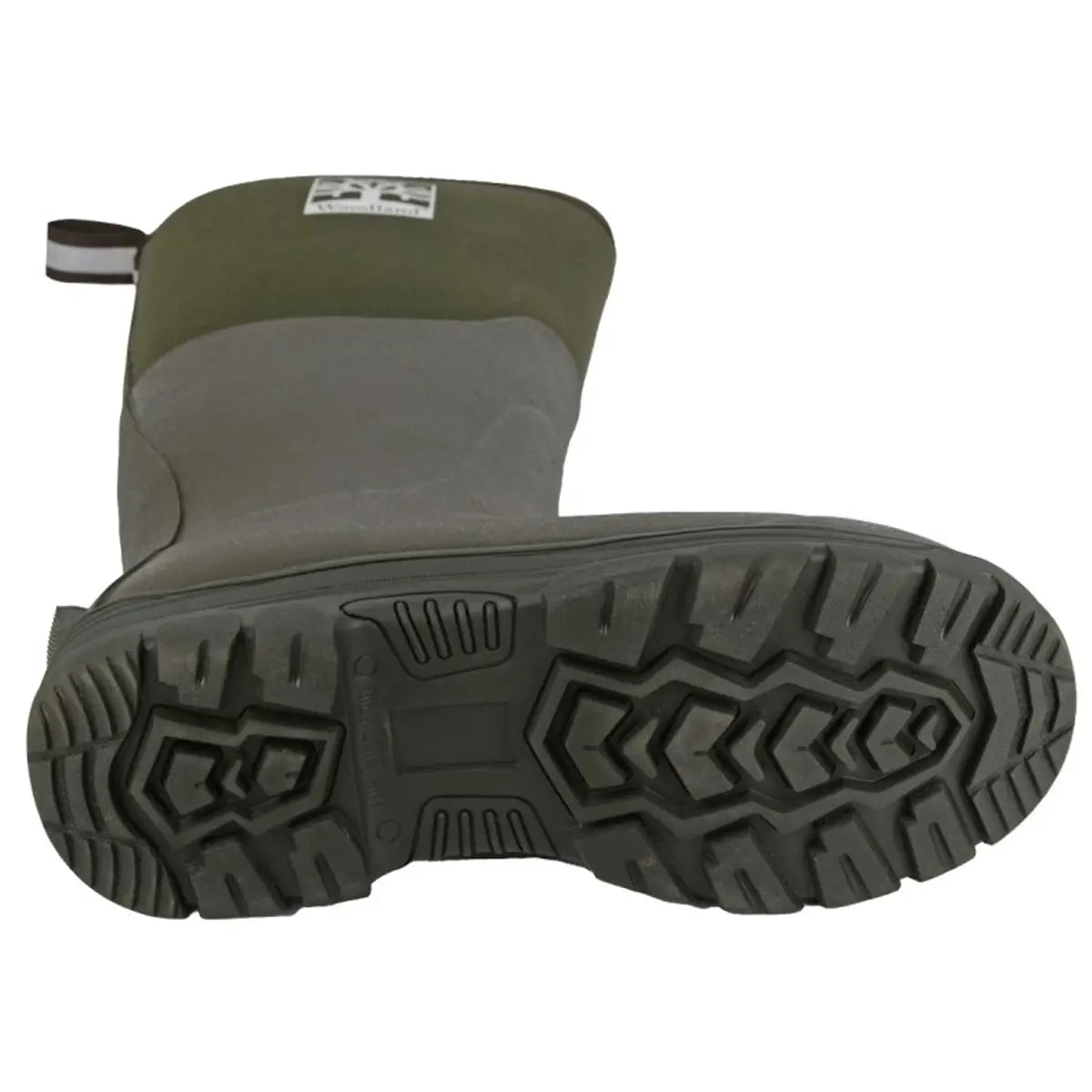 Close-up of the Woodland Mucker Wellington Boot outsole showing deep tread pattern for enhanced grip on muddy or uneven terrain.
