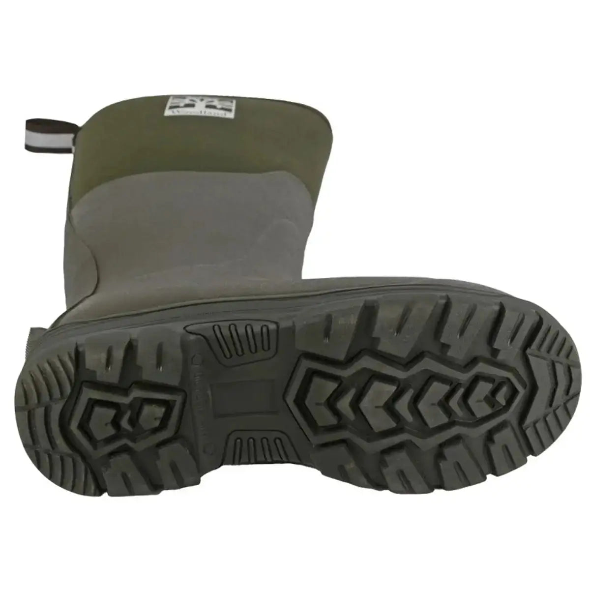 Close-up of the Woodland Mucker Wellington Boot outsole showing deep tread pattern for enhanced grip on muddy or uneven terrain. from John Bull Clothing