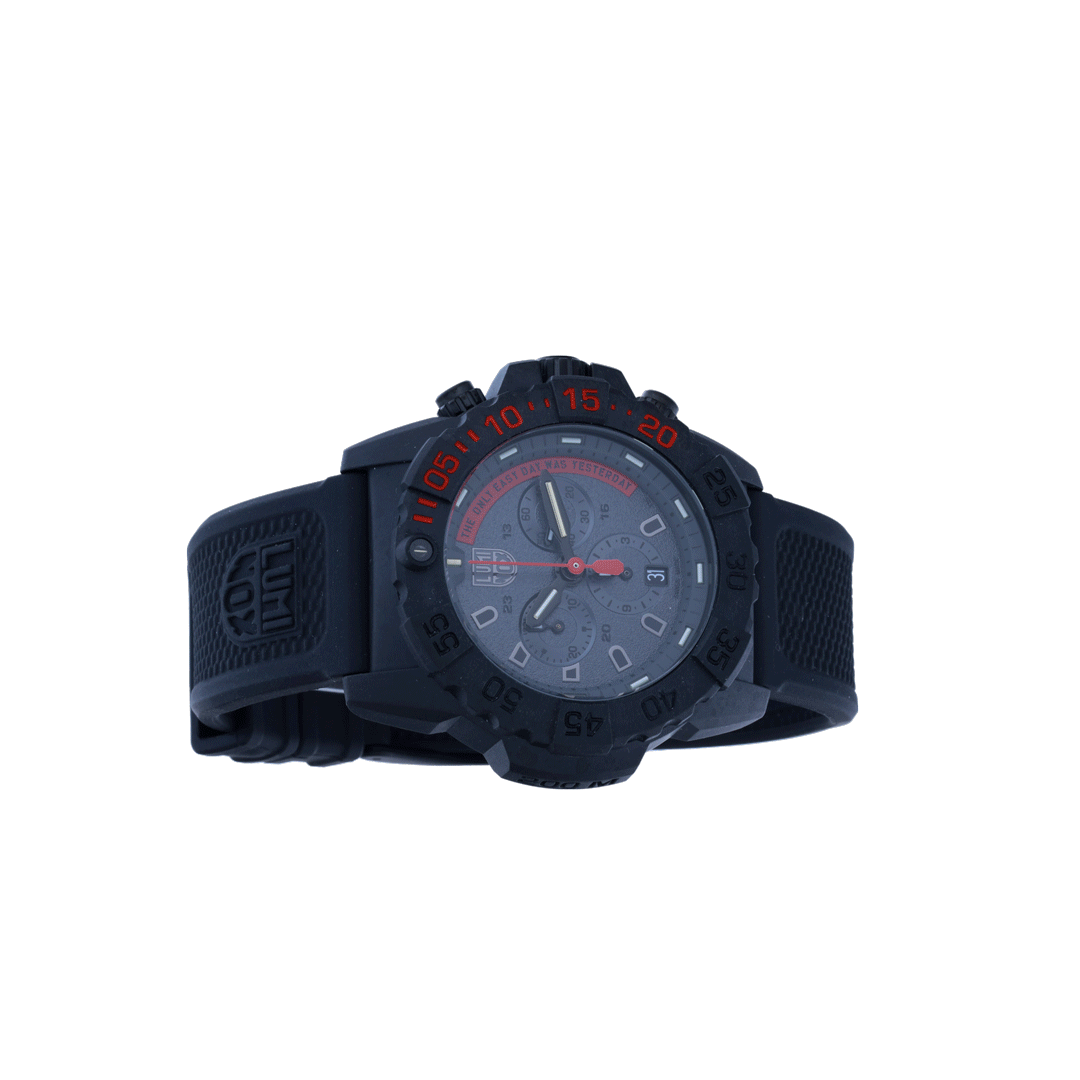 Side view of Luminox Navy Seal Steel 3580 Series Chronograph Watch XS.3581.EY showcasing its rugged black carbonox case and strap.