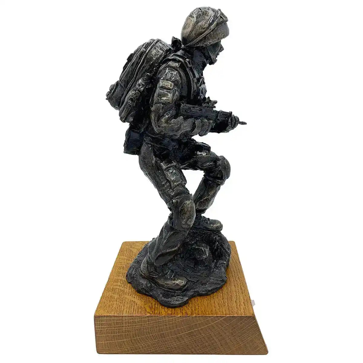 Right profile of Afghan Medic Bronze Resin Statue with SA80 and combat gear, crafted in bronze resin for realistic army tribute decor. from John Bull Clothing