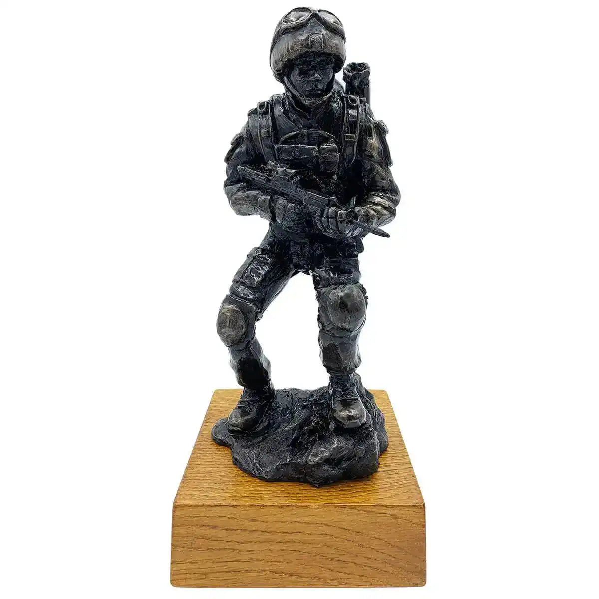 Afghan Medic Bronze Resin Statue | John Bull Clothing featuring a crouching army medic with SA80 rifle on oak base, ideal for military decor. from John Bull Clothing
