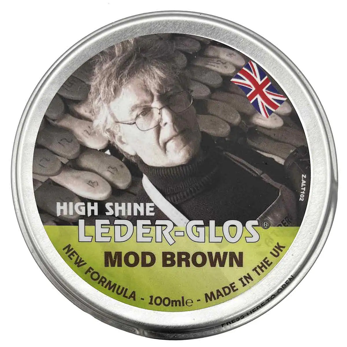 Altberg Leder-Glos Mod Brown 100ml high gloss shoe polish tin with UK flag, ideal for water repellent leather boots and parade footwear. MoD Brown (1 Tin) from John Bull Clothing