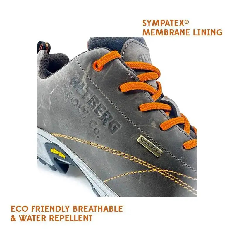 Close-up of Altberg Skipton Nubuck Leather Walking Shoe highlighting Sympatex membrane lining for eco-friendly breathability and water repellency. from John Bull Clothing