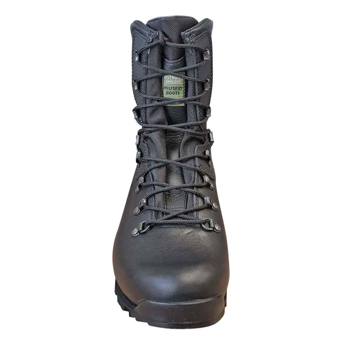 Front view of Altberg Tabbing MK3 Black Police Boot highlighting its reinforced toe, secure lacing system, and breathable mesh tongue for comfort.