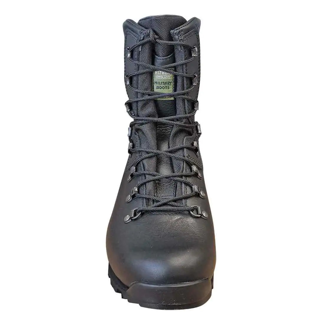 Front view of Altberg Tabbing MK3 Black Police Boot highlighting its reinforced toe, secure lacing system, and breathable mesh tongue for comfort. from John Bull Clothing