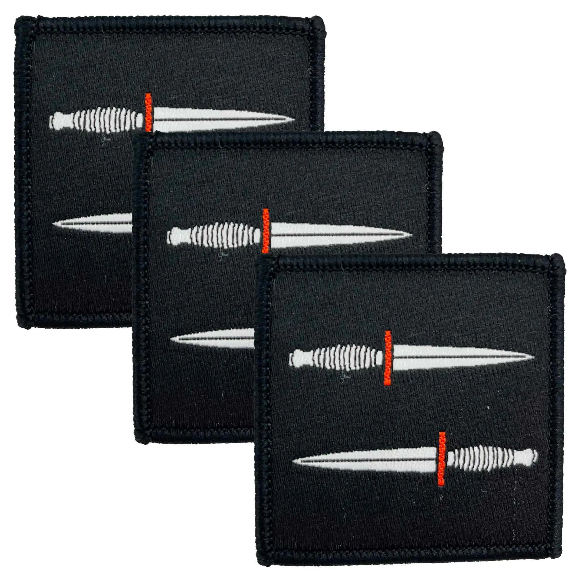 Set of three Army Special Operations Brigade ASOB Iron On TRF Flash patches featuring dual white daggers with red hilts on a black square background. Pack of 3 from John Bull Clothing
