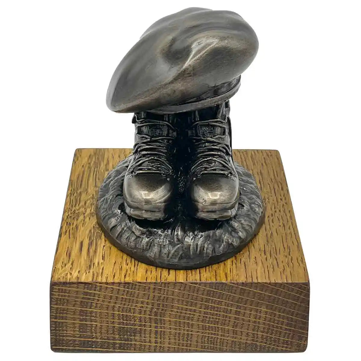 Bronze resin Beret and Boots Statue on Oak Base | John Bulls military decor with lifelike boot and beret design, ideal for commemorative display. No Badge from John Bull Clothing