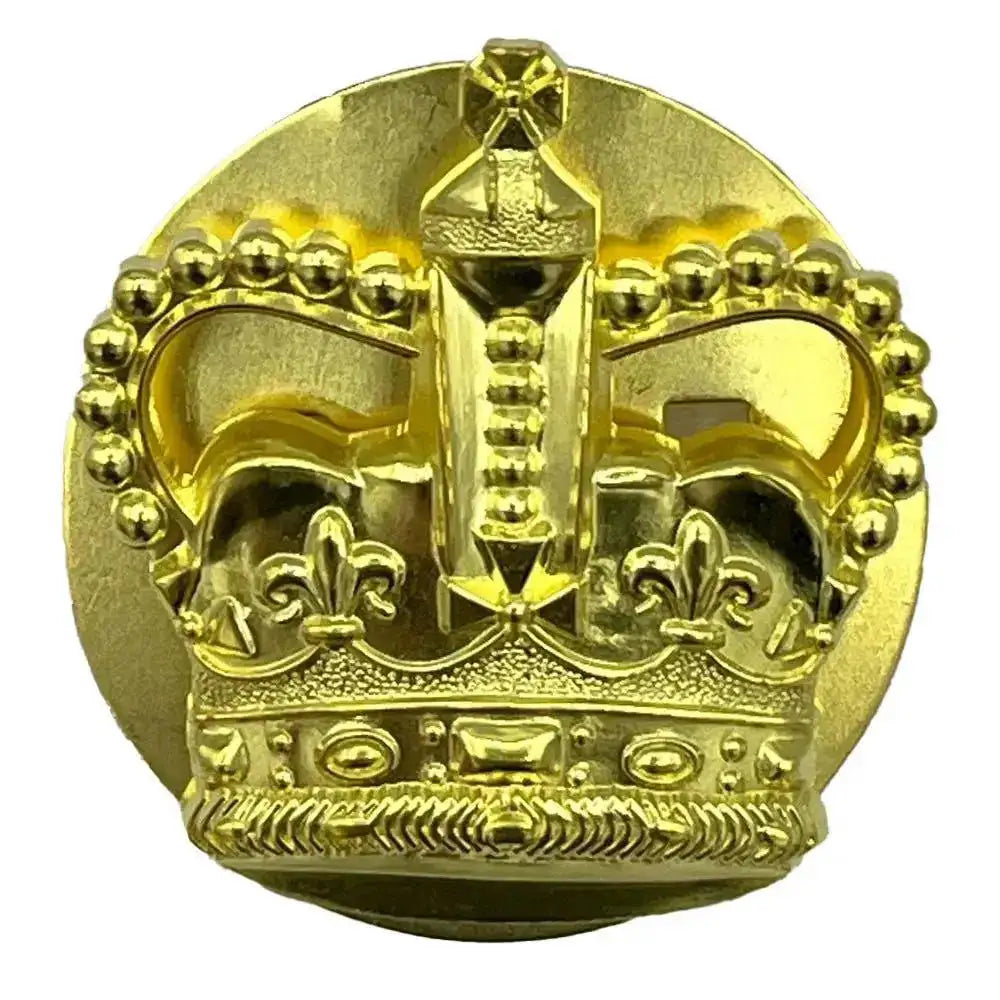 Regulation British Army WO2 Brass Crown with backing plate, showcasing a high-quality brass construction. Designed for military uniforms with a split pin fitting. Queens Crown from John Bull Clothing
