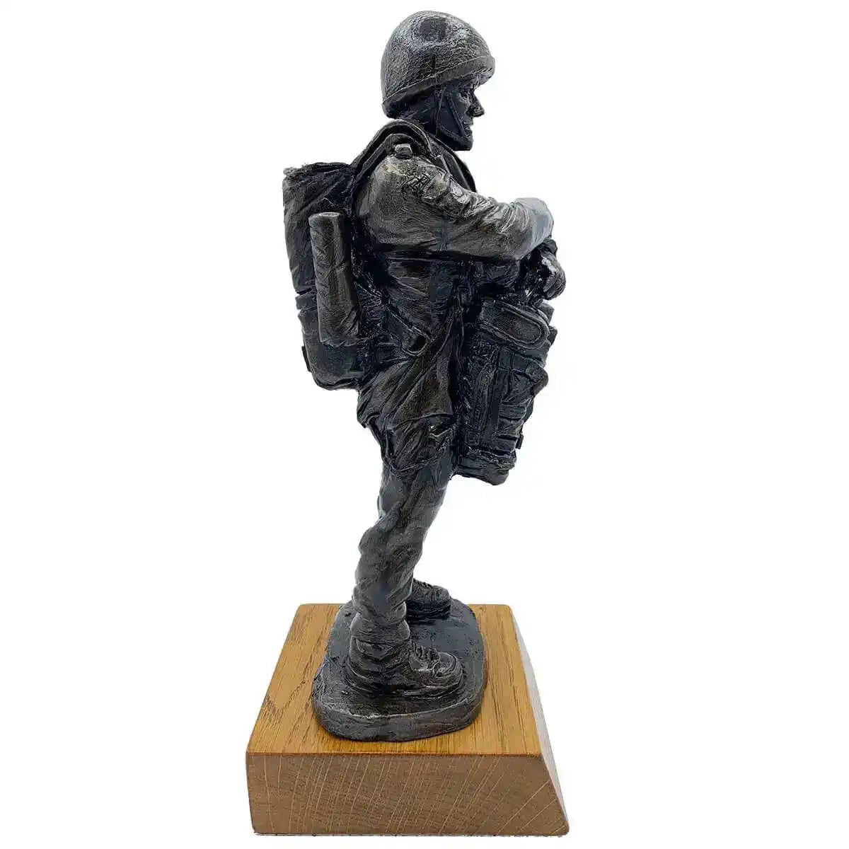 Right side angle of Bronze Resin Airborne Drop Order Statue featuring intricate gear details and sturdy oak base for home or office decor. from John Bull Clothing