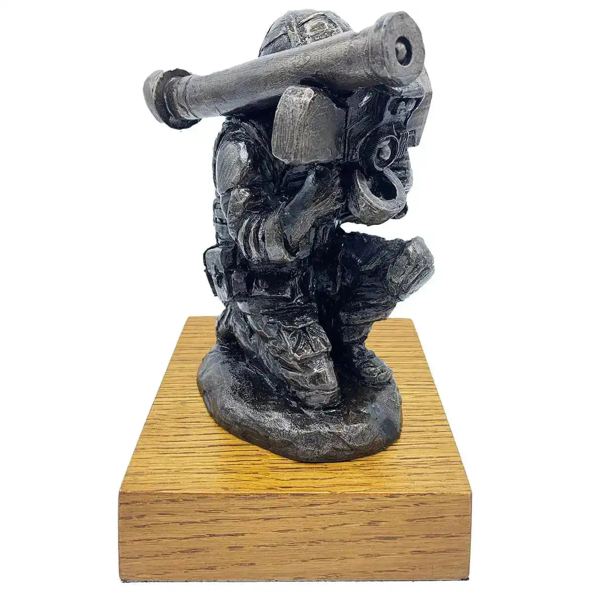 Bronze Resin Javelin Operator Military Statue by John Bulls showing a kneeling soldier with anti-tank weapon on wooden base. Ideal for army decor. from John Bull Clothing