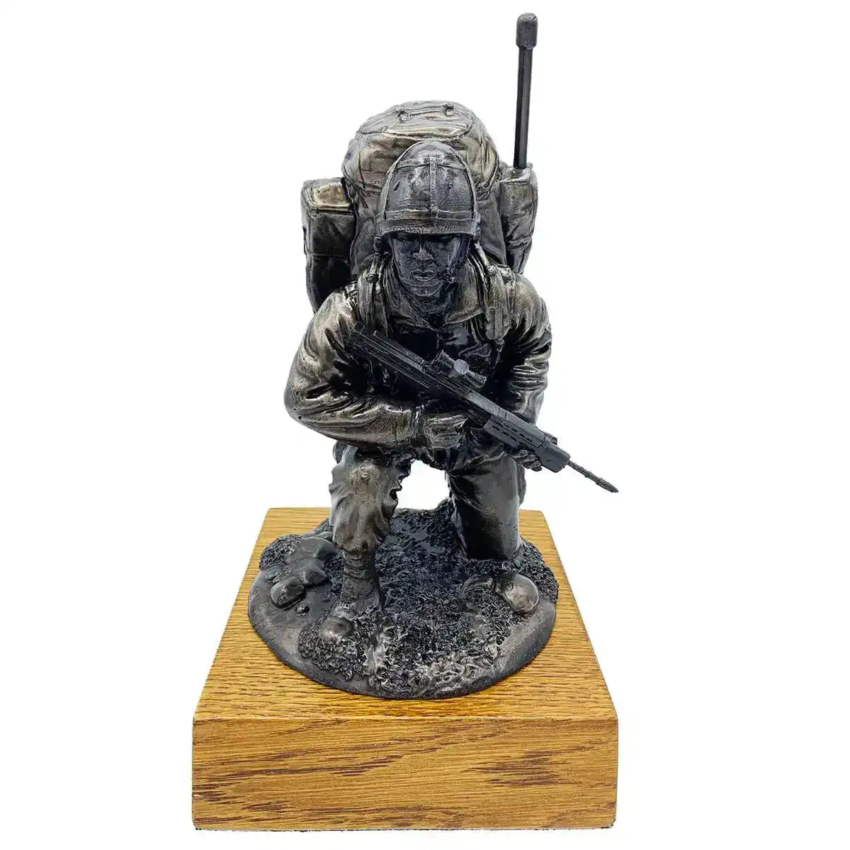 Bronze Resin Kneeling Signaller Statue on oak base, featuring British Army soldier with SA80 rifle and signalling pack | John Bull Clothing from John Bull Clothing